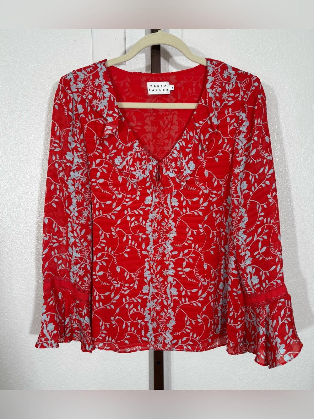 Tanya Taylor Floral Vines Staci Silk Top Red Blouse Size 8
